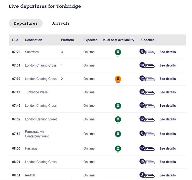Southeastern launches SeatFinder to enable social distancing on trains: Tonbridge - initial results