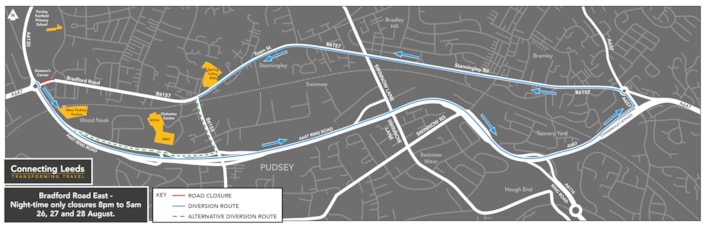 Dawsons Corner Bradford Road East closures diversion map: Dawsons Corner Bradford Road East closures diversion map