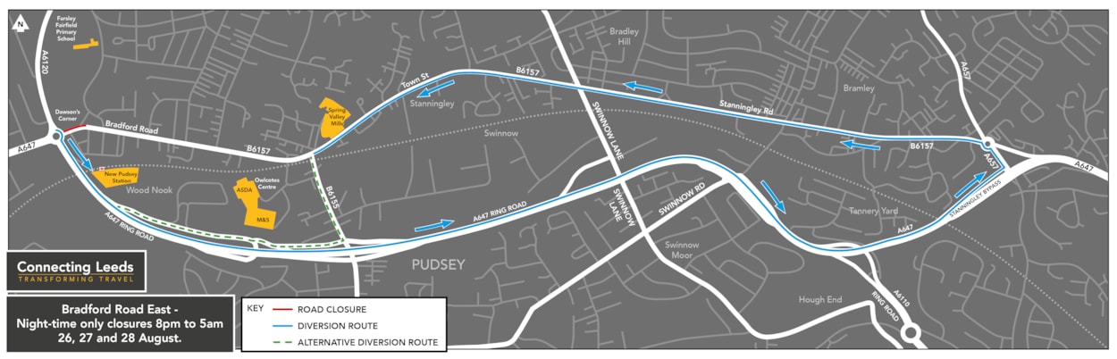Dawsons Corner Bradford Road East closures diversion map