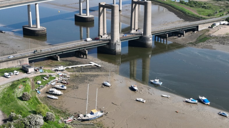 Reminder to plan ahead and change travel plans as Kingsferry Bridge cable repairs to be completed over the Kent school half-term in October.: Kingsferry Bridge drone picture