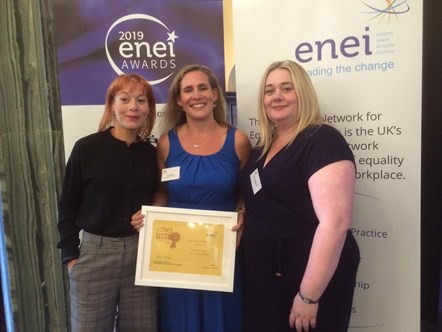 Left to right: Mel Maughan, Jane Miller and Rachel Brown from NHSBSA's Wellbeing and Inclusion Team pictured with the gold award last year.