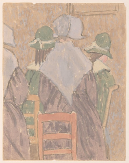 Gwen John's watercolour on paper of nuns and schoolgirls sketched from behind wearing vivid lilacs and greens against a muted background