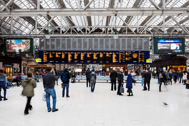 Glasgow Central - departure boards, concourse: Glasgow Central
railway station
train station
busy
crowds