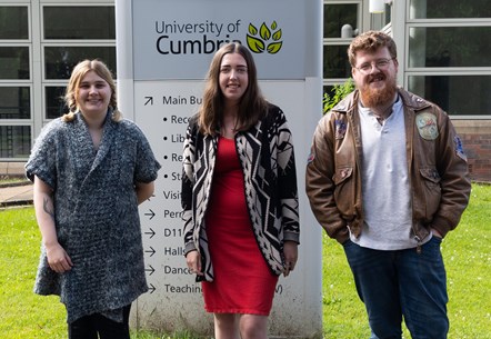 (l-r) MA Contemporary Fine Art student Poppy Cookson and MA Creative Practice students Natalie Boyne and David Lee are among the 19 artists displaying work in the POSTREMO MA Showcase exhibition taking place 30 August-9 September 2022 at the University of Cumbria Institute of the Arts, Brampton Road, Carlisle