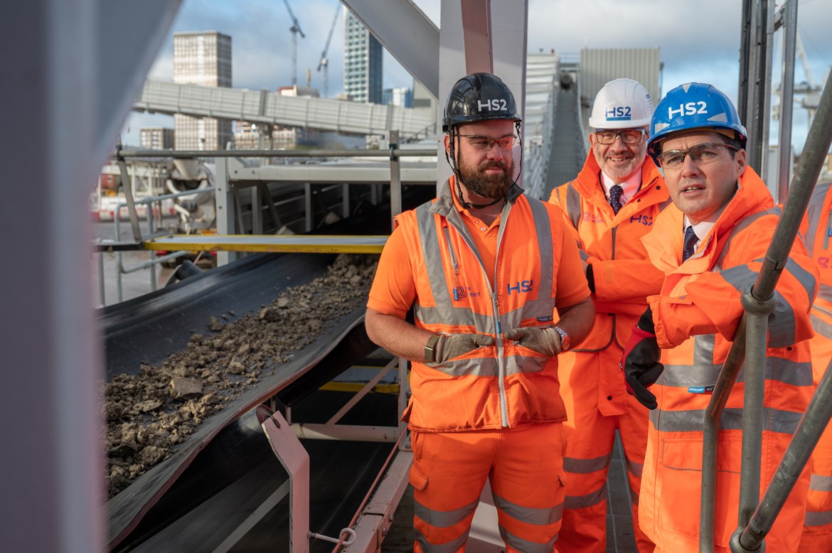 SPOIL-ER ALERT! HS2’s enormous spoil conveyor begins operation in West London: HS2 Minister Huw Merriman officially launches the West London spoil conveyor at HS2's Old Oak Common site