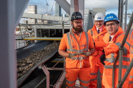 HS2 Minister Huw Merriman officially launches the West London spoil conveyor at HS2's Old Oak Common site: L-R: Laurence Troke, Construction Manager, PX Fairpoint, Huw Edwards, Project Client Director, HS2 Ltd, Huw Merriman MP, Minster for Rail
