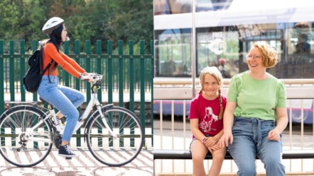 girl on bike, family at bus stop