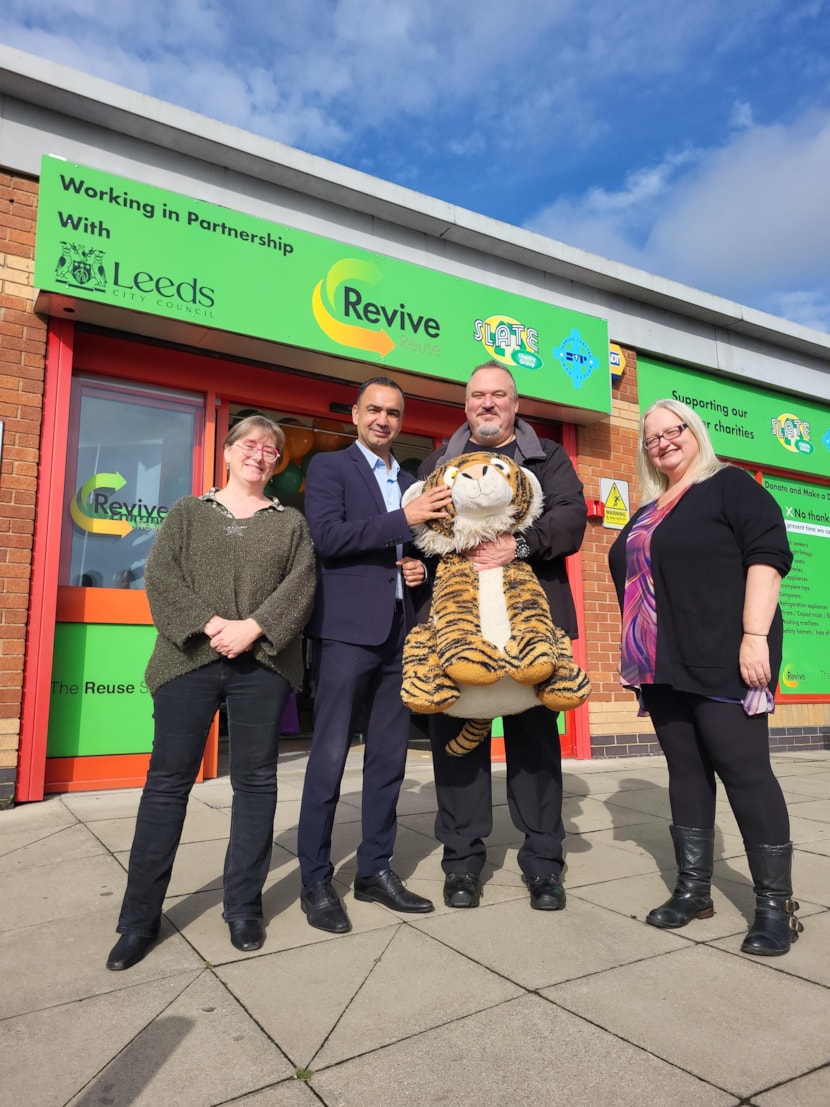 Grab a bargain as Revive open third Leeds reuse shop in Hunslet: Elizabeth Palmer CEO SLATE), Cllr Rafique, Andrew Zbos (Revive Operations Manager) and Ali Ward (SLATE board rep) with a Reuse s