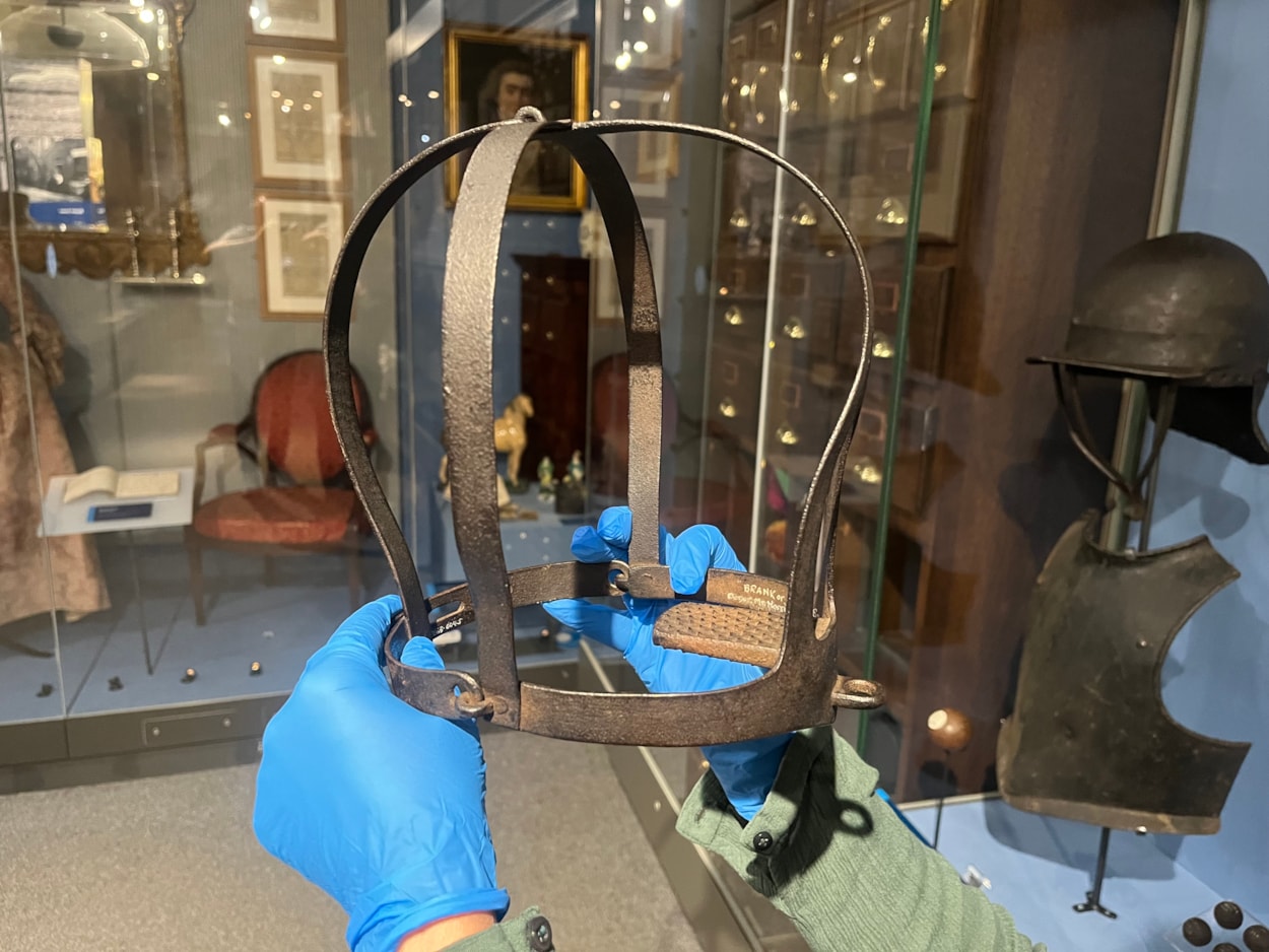 Scold's bridle: Used in English towns and cities as early as 1574, scold’s bridles were employed to discourage individuals, usually women, who were judged to have spoken rebelliously, inappropriately or out of turn.

Also known as a brank’s, or witch’s bridle, the grisly object has gone on show in the museum’s Leeds Story gallery as a sad reminder of a less enlightened age, having been originally collected by Morley historian Norrison Scatcherd.