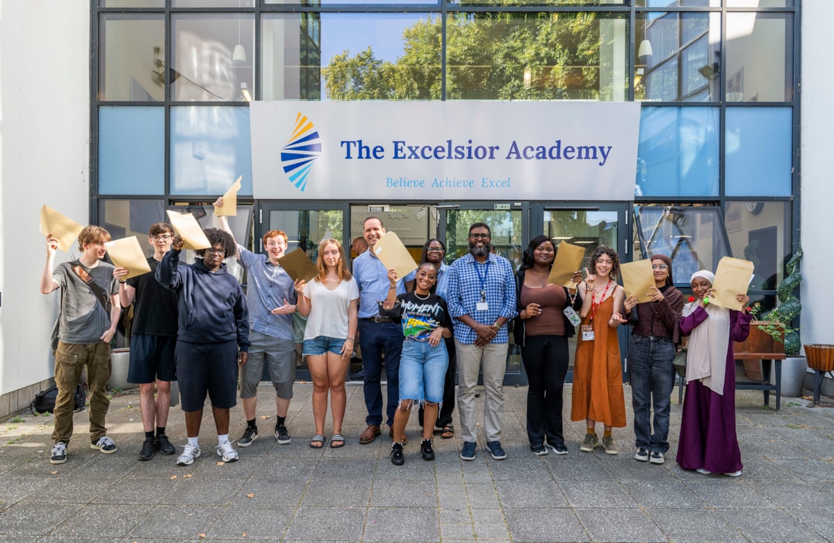 Young people, teachers and Council representatives celebrating their results at The Excelsior Academy in Hackney