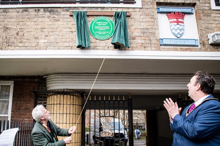 Bill Mayblin (left) unveils Islington Heritage Plaque celebrating author Andrea Levy, with Islington Deputy Mayor Troy Gallagher (right).