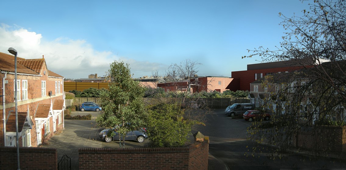 view from Railway Terrace: CGI - view of proposed development from Railway Terrace