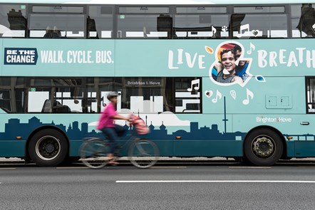 Brighton & Hove geofenced hybrid extended range bus: With cyclist