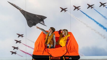 Lewis Morley and Amber Leslie test their sea survival skills at the National Museum of Flight. Photo © Neil Hanna WEB