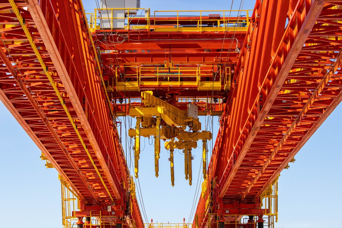 Colne Valley Viaduct launch girder from below showing hoist May 2022