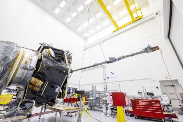 mag boom deployment-1104: MAG Boom Fully Deployed
The magnetometer (MAG) boom is shown in the deployed position extending out from the Interstellar Mapping and Acceleration Probe (IMAP) at the Johns Hopkins Applied Physics Laboratory in Laurel, Maryland. 

Image Credit: NASA/Johns Hopkins/Princeton/Ed Whitman
