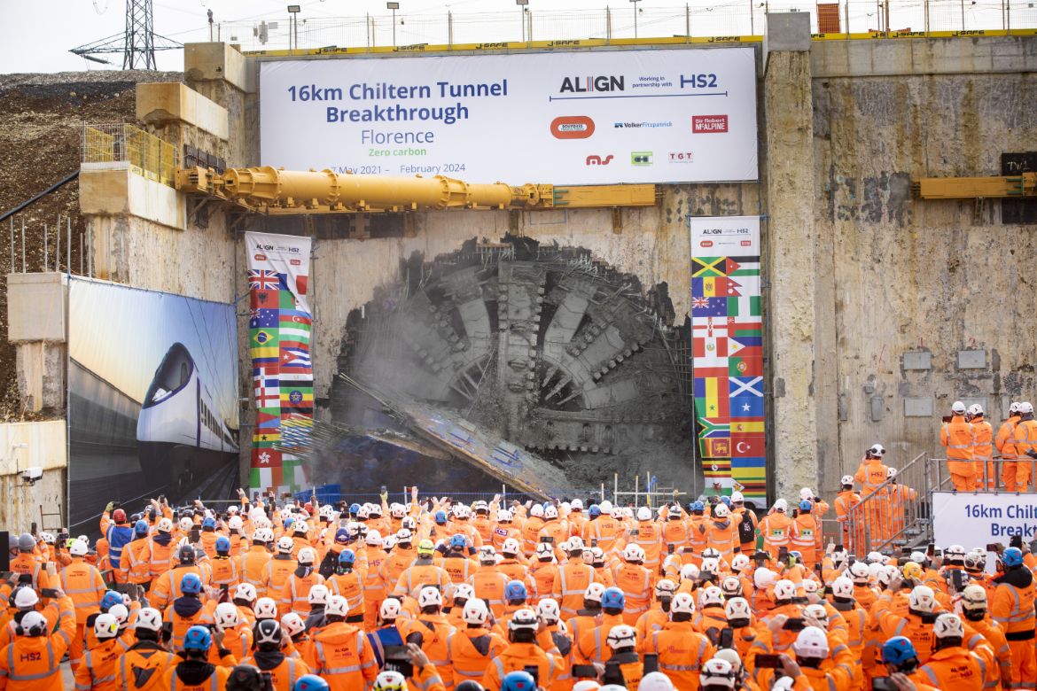 HS2’s latest tunnel breakthrough – and the progress of our remaining giant tunnelling machines: HS2 staff and contractors watch the breakthrough of Florence at the end of her 10 mile drive under the Chilterns 270224