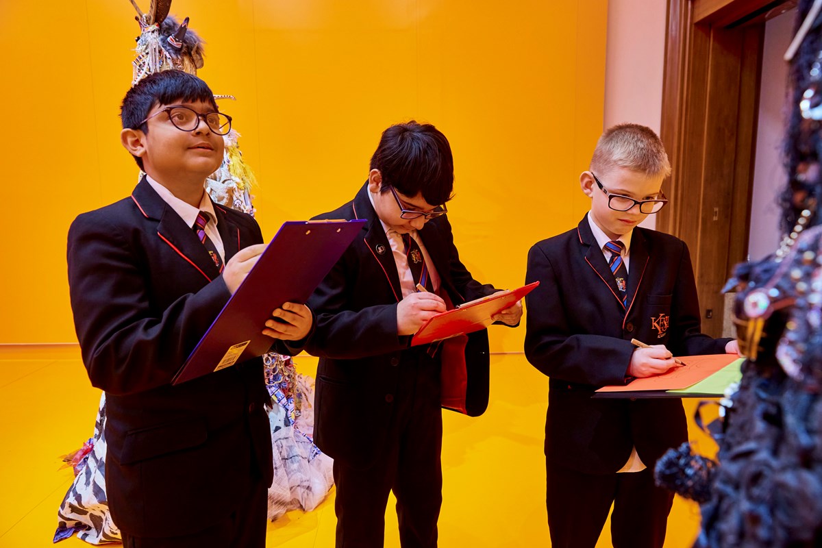 Pupils from the KESH Academy, Birmingham, at artist's Daniel Lismore's exhibition at Herbert Gallery in Coventry.