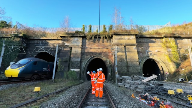 Passenger and freight journeys improved after £20m Christmas railway upgrades: Avanti Train coming out of Northchurch Tunnel beside track renewal possession January 2025 copy