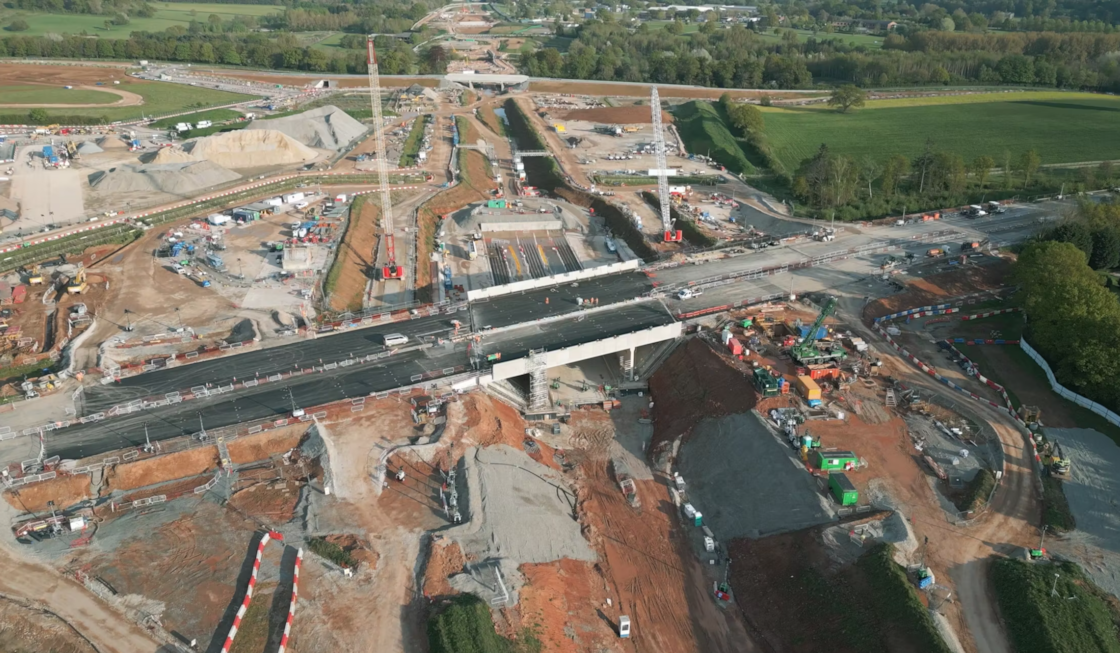 Aerial image showing the first layers of tarmac being laid to reconstruct the A46 25.04.25