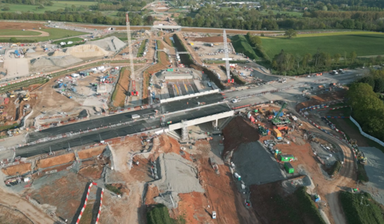 Aerial image showing the first layers of tarmac being laid to reconstruct the A46 25.04.25: Aerial image showing the first layers of tarmac being laid to reconstruct the A46 25.04.25