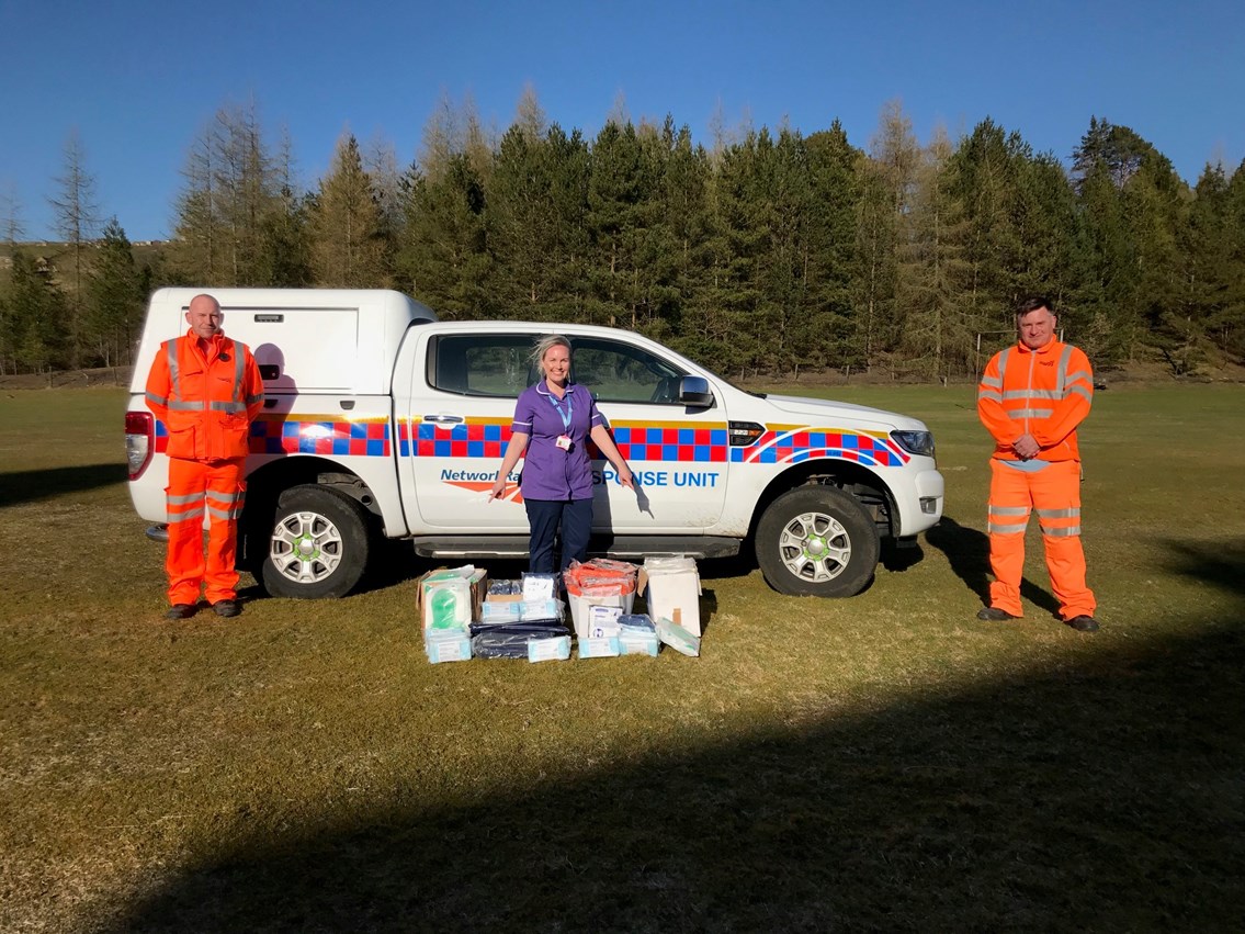 Network Rail workers in North East donate PPE to support the NHS during COVID-19 crisis: Left to right: Craig Jackson (Hexham Mobile Operations Manager), Laura Seaton (Nurse Practitioner at Hexham General Hospital), Jamie Seaton (Signaller and Crossing Keeper)