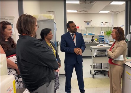 Health Minister meeting clinicians at Ysbyty Glan Clwyd
[Right to left -Eluned Morgan, Health Minister, immediate left is Dr Muhammad Aslam and next to him Dr Anu Gunavardhan]