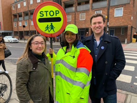 Deputy Mayor Feryal Demirci, new school crossing patrol officer Sandy and ward councillor Steve Race