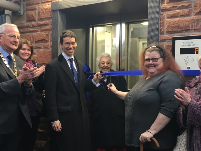 New lifts and footbridge means ‘Access for All’ at Penrith station: Rory Stewart MP, Mike Tonkin chair of Eden District Council, Yvonne South from the Eden mobility passenger group, and Lorna Shaw, a local user of Penrith station