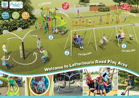 A cartoon image of children in a play park playing on equipment including swings, a shoot, and zip line.
