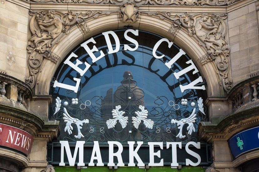 Council reaffirms its wide-ranging support for market traders as city continues to tackle challenges of coronavirus: Leeds Kirkgate Market front entrance