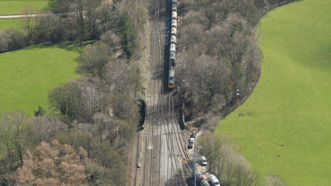 Aerial image of train crossing Bowden Lane bridge courtesy of NR Air Ops-2