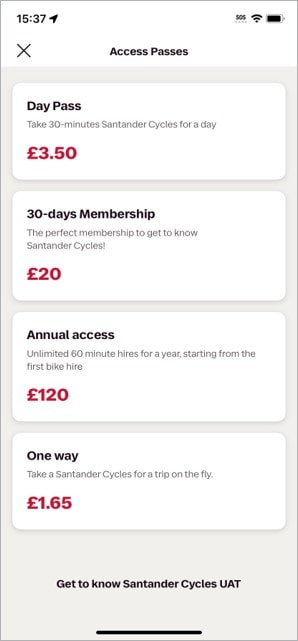 TfL Graphic - Santander Cycles App - Access Passes