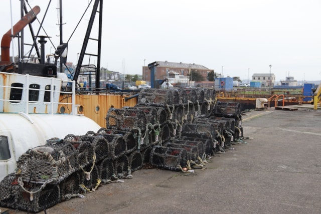 Pots stacked at  the harbour in Milford Haven, Wales: Pots stacked at the harbour at Milford Haven, Wales