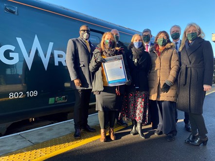 Signed up: GWR colleagues with a poster committing to The Railway Mental Health Charter. Left to right, Head of Stations James Adeshiyan; Employee Director Sally Bennett; Head of Drivers Andrew Penrose; Human Resources Director Ruth Busby; Customer Service & Operations Director Richard Rowland; Head