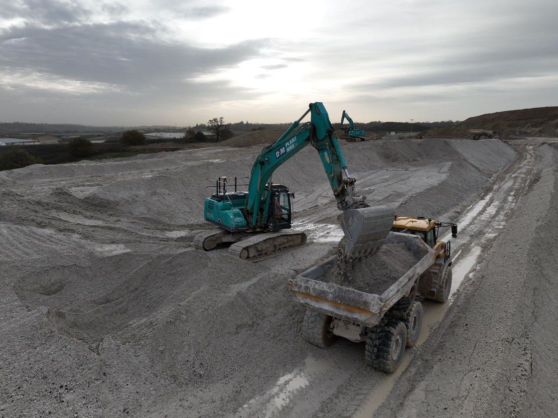 Excavators moving chalk excavated from the Chiltern tunnels November 2022 50921