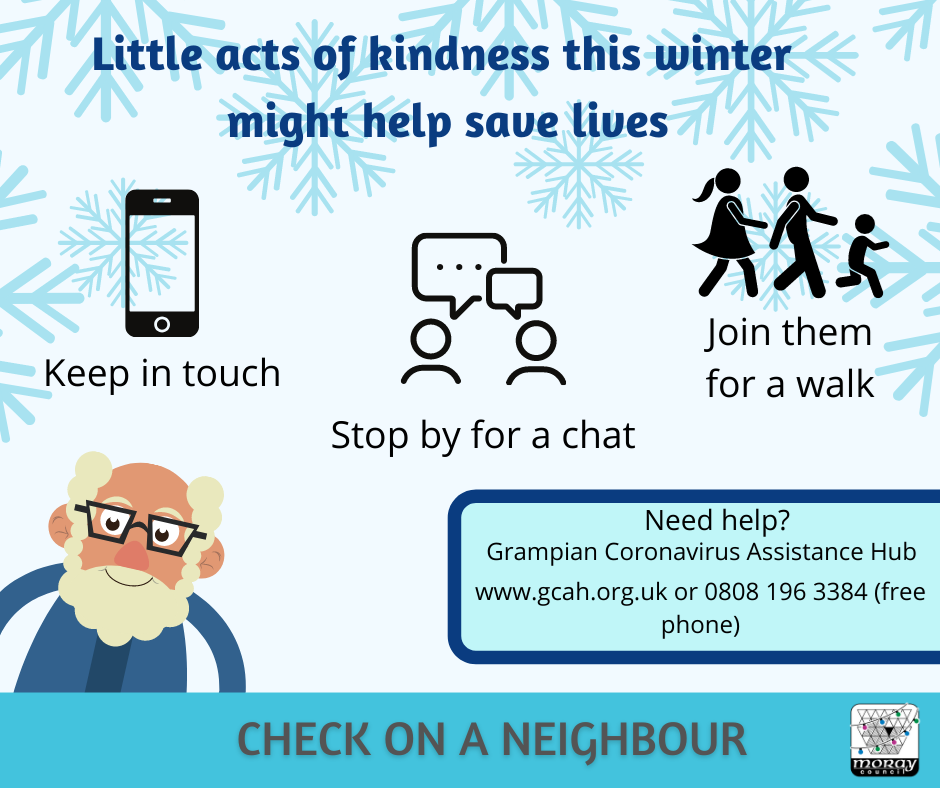 check on a neighbour graphic - cartoon elderly man. Keep in touch. Stop to chat. Go for a walk.