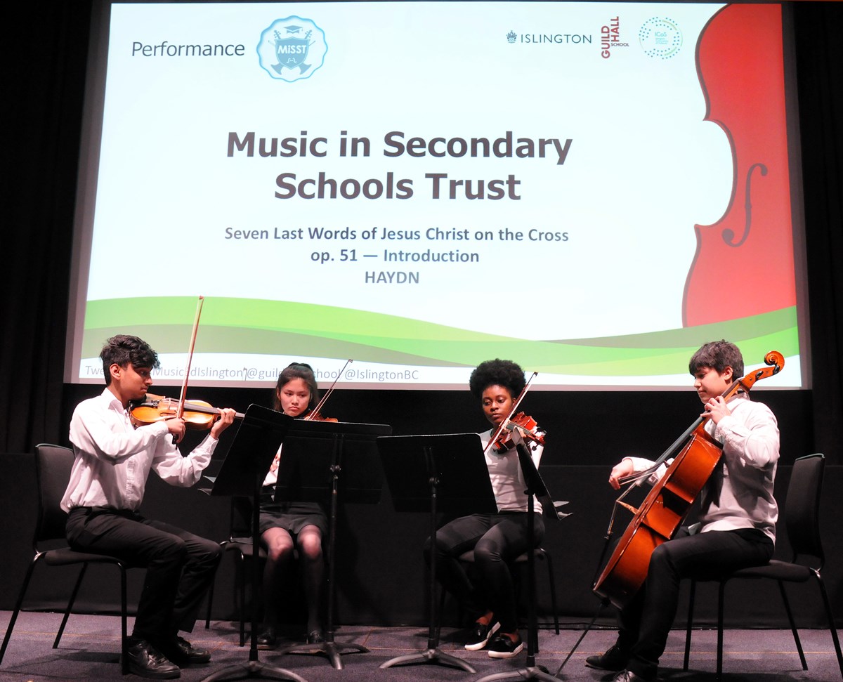 The Music in Secondary Schools Trust Saturday School Quartet performing at the launch