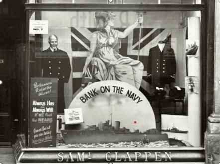 The window of Sam Clappen’s shop in Cricklade Street decorated for Warships Week in 1942 