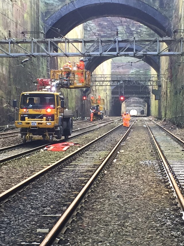 Overhead wires repairs in the cutting approaching Liverpool Lime Street station