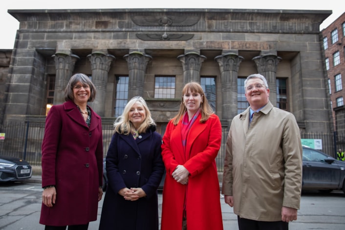 Temple 2: Left to right: British Library chief executive Rebecca Lawrence, Mayor of West Yorkshire Tracy Brabin, Deputy Prime Minister Angela Rayner and Leeds City Council leader Councillor James Lewis visit the Temple Works site on February 13, 2025. Credit: Simon Walker/Deputy Prime Minister's Office.