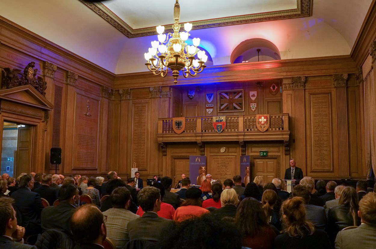 Freedom 3: Councillor James Lewis, leader of Leeds City Council, addresses the meeting at Leeds Civic Hall.