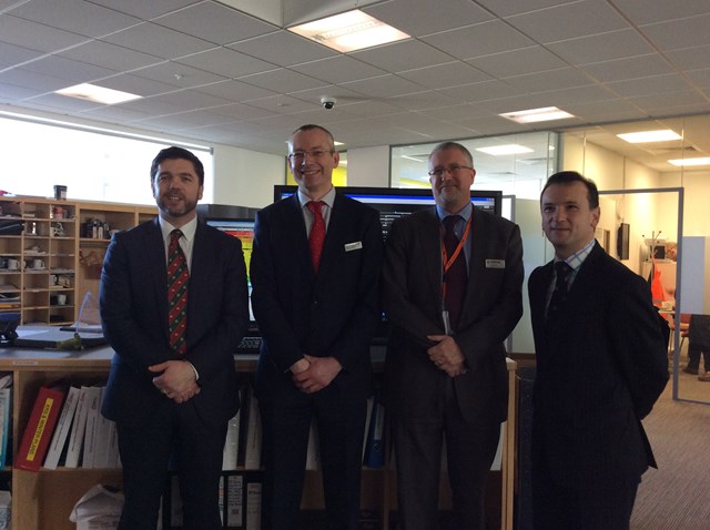 Welsh Secretary visits state-of-the-art Welsh operations centre to see how Network Rail is delivering a more reliable railway for passengers: Secretary of State for Wales Stephen Crabb with route managing director for Network Rail WalesMark Langman, Arriva Trains Wales Managing Director Ian Bullock and Wales Office Minister Alun Cairns