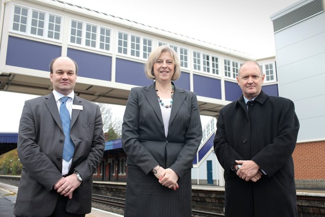 Footbridge gives rail users a lift (or three): From left to right: Mark Hopwood (MD, First Great Western), Theresa May MP, Chris Rayner (Network Rail route director)