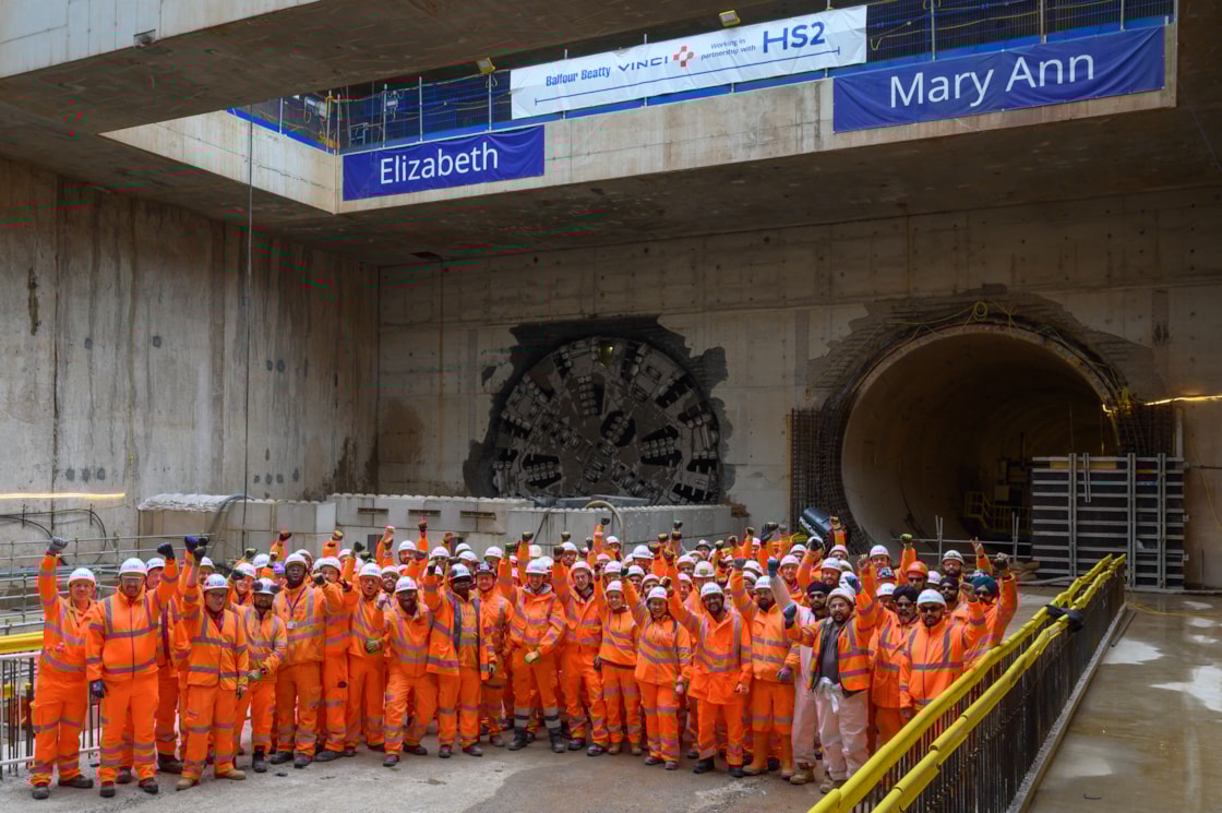 HS2 staff, engineers and tunnellers gather in front of the Bromford tunnels after the breakthrough of Elizabeth Oct 2025