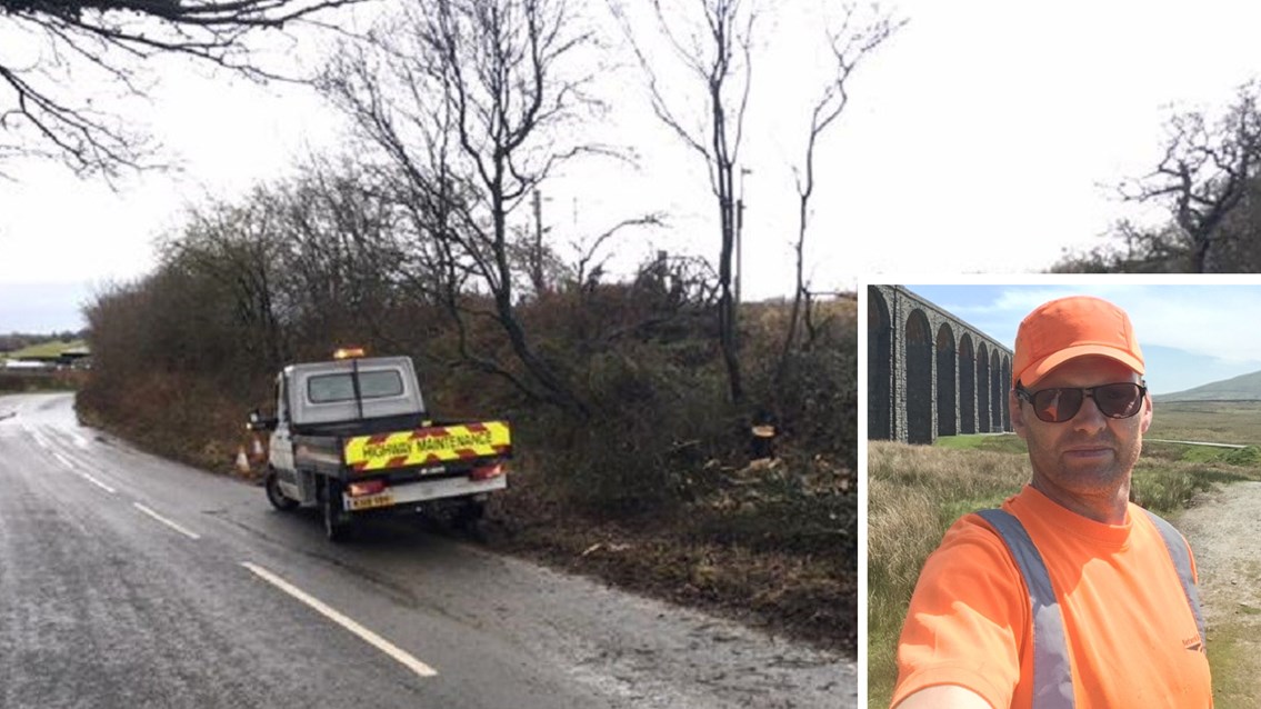Railway workers branch out into road safety by clearing fallen tree: Fallen tree removed from Hollins Lane composite