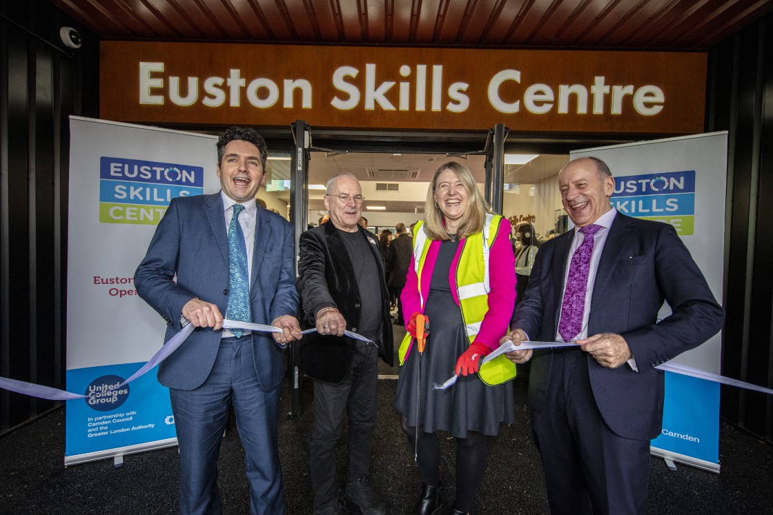 Euston Skills Centre opening event, Feb 2024: L-R Huw Merriman MP, HS2 Minister; Sir Peter Hendy, Chair, The Euston Partnership; Cllr Georgia Gould, Leader, Camden Council; Jules Pipe CBE,  Deputy Mayor of London for Planning, Regeneration and Skills