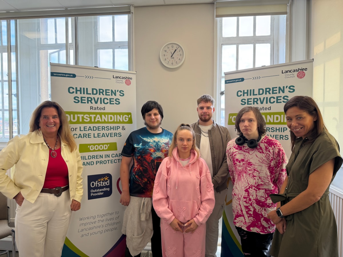 Liam Hobin, Maddie Livsey, Aden Clough and Cody Cooper with, left, Jacqui Old CBE, Executive Director Education and Children's Services, and end right Louise Anderson
Director of Children's Social Care.