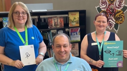 Makaton Friendly trained Brierley Hill Library staff members Rocco DeGregorio, Emma Dudley and Sarah Weaver