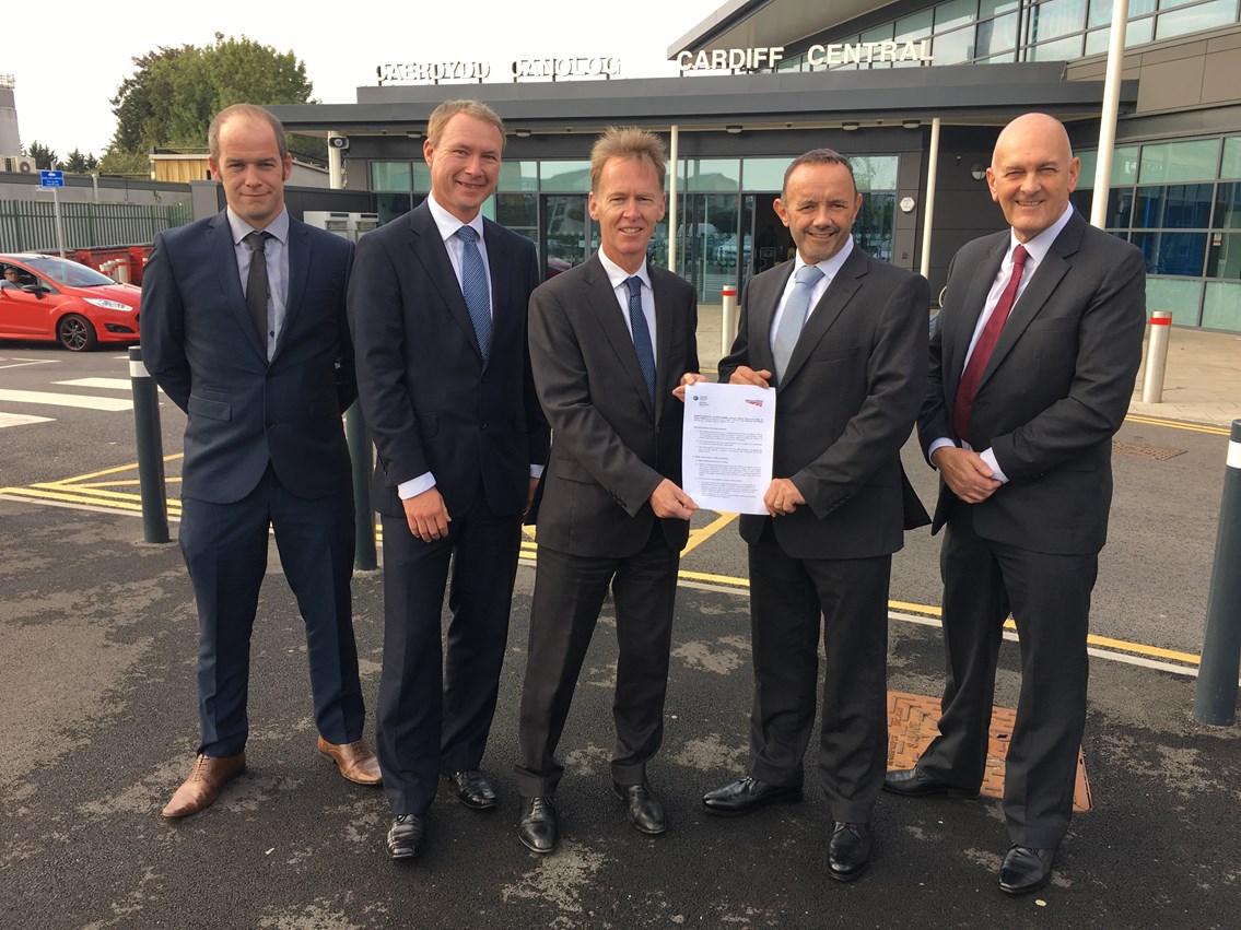 L-R Nick Pritchard, Stephen Cook, Emyr Roberts, Andy Thomas, Kevin Giles...: Left to right: Flood risk strategy officer Nick Pritchard, manager for communities, flood and incident strategy Stephen Cook, chief executive of Natural Resources Wales Emyr Roberts, Network Rail Wales route managing director Andy Thomas and Network Rail Wales Senior Asset Engineer Kevin Giles.